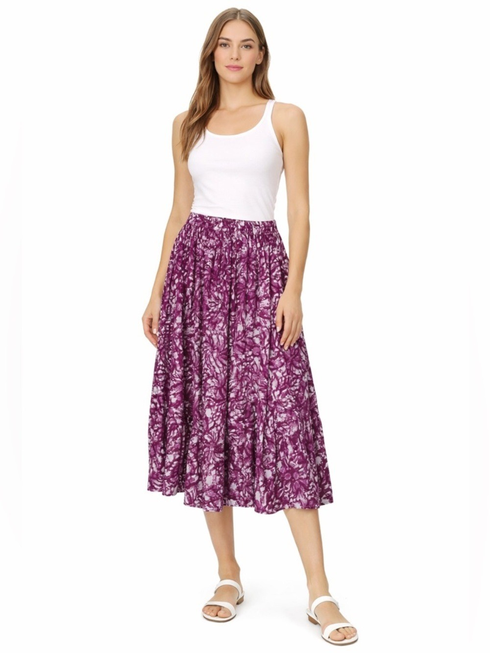 JANE ASHLEY 100% Cotton Purple Floral Tiered Skirt Fully Lined Stretch Waist 2X